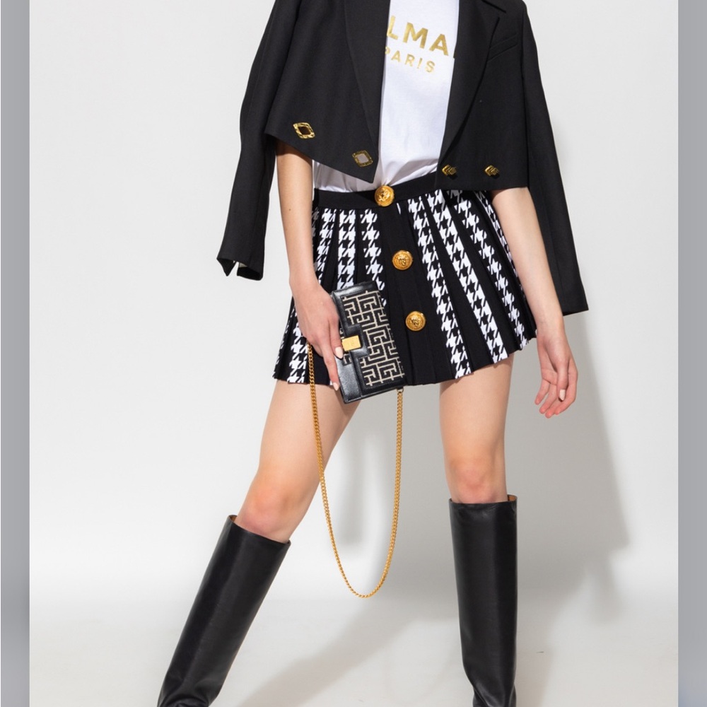 BALMAIN houndstooth pattern pleated black and white mini skirt